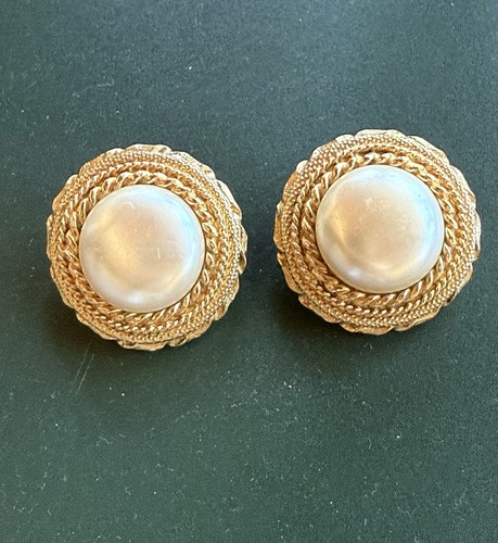 Vintage Guy Laroche Paris Faux Pearl Gold Tone Clip-On Earrings Signed