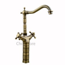 Antique Brass Kitchen Faucet Dual Handle High Arc Swivel Spout Deck Mount Vintag