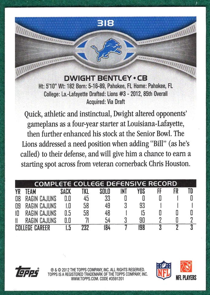 Dwight Bentley -  2012 Topps #318 - Detroit Lions Rookie Football Card - Image 3 of 3