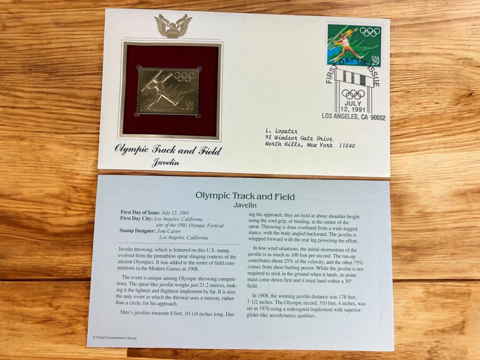 1991 Olympic Track & Field US STAMPS First Day Issue 22k Gold Stamps Lot Of 5 - Image 2 of 4