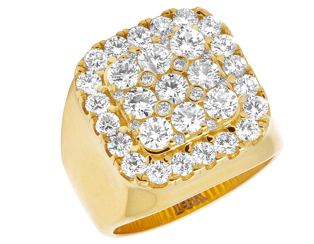 An image depicting Mens Square Real Diamond Cluster Prong Statement Pinky Ring 14K Yellow Gold 4CT