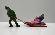 Barklay Co Father Pulling Sleigh with Mother and Child Vintage 1950s