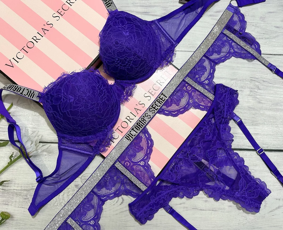 Victorias Secret Lace Rhinestone Shine Strap Push Up Bra Garter Thong Set Violet
