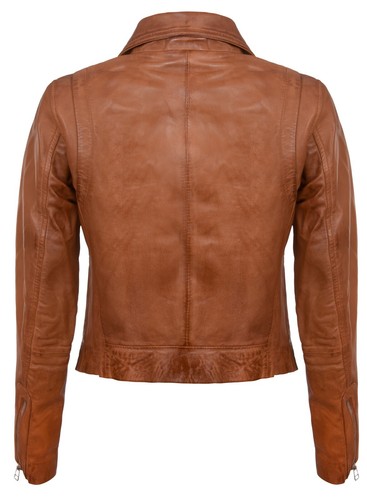 Ladies Leather Jacket Classic Biker Style Tan Brown Real Leather Womens Jacket - Picture 3 of 5