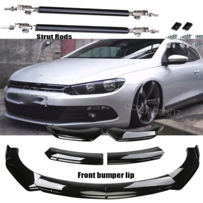 For VW Scirocco Gloss Black Front Bumper Lip Splitter Spoiler Kit + Strut Rods