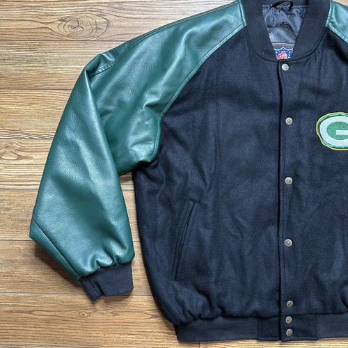 Giacca Bomber Green Bay Packers Vintage Uomo XL NFL Game Day Lana Pelle Snap - Foto 2 di 16