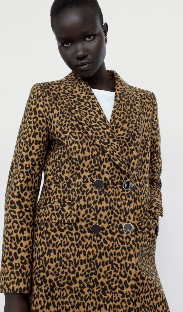 Zara Leopard Animal Print Double Breasted Frock Coat Long Zara Leopard Animal Print Double Breasted Frock Coat Long