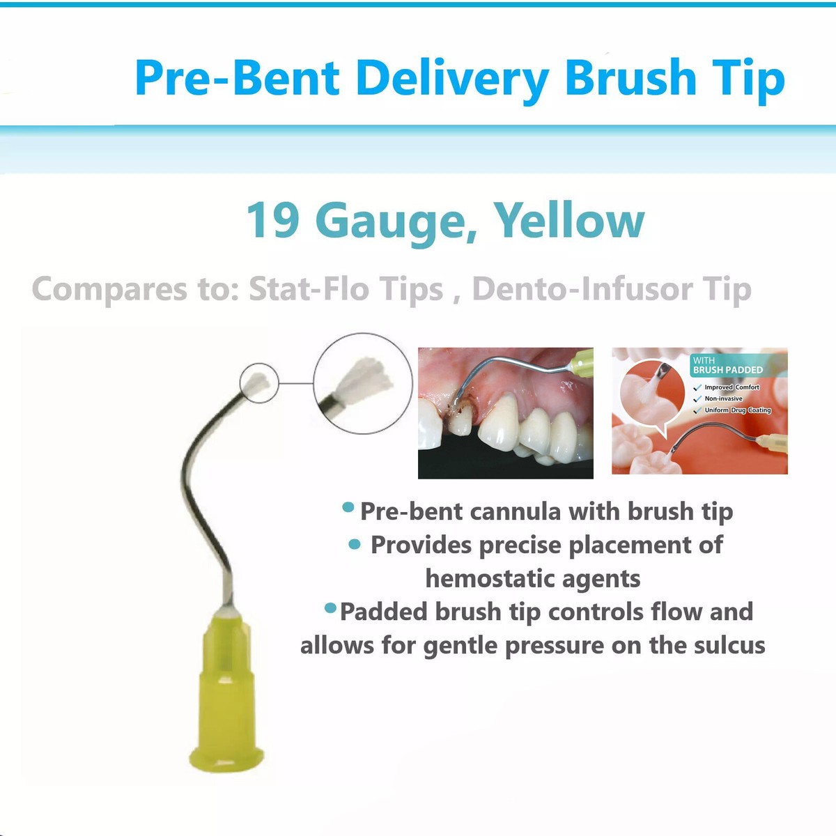 Dental Hemostatic Delivery Bent Tips with Brush End 19G, Stat-Flo