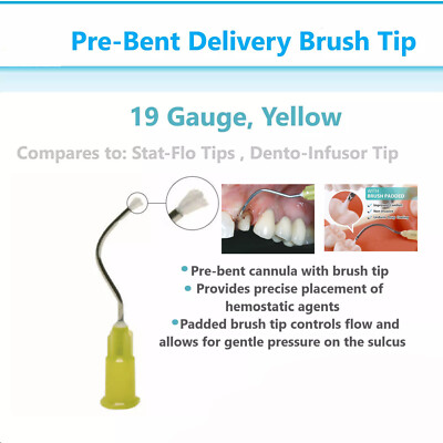 100Pc Dental Delivery Tip Prebent Metal Infusor Tip Brush Padded End #125 Yellow