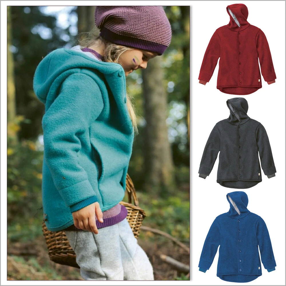DISANA Kids' Outdoor Jacket with Hood, 100% Organic Merino Wool, Sizes 3M - 4T