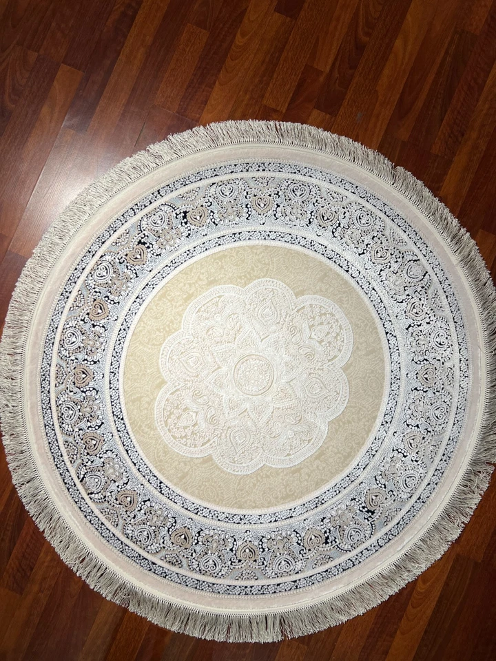 5x5 ft Blue Cream Round Silk Rug – Vintage Circle Rug for Home Decor - Image 4 of 4