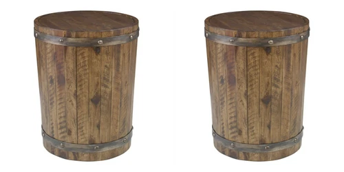 TWO CEYLON FARMHOUSE WINE BARREL INSPIRED WOOD ROUND ACCENT END TABLE 25327 - Picture 1 of 6