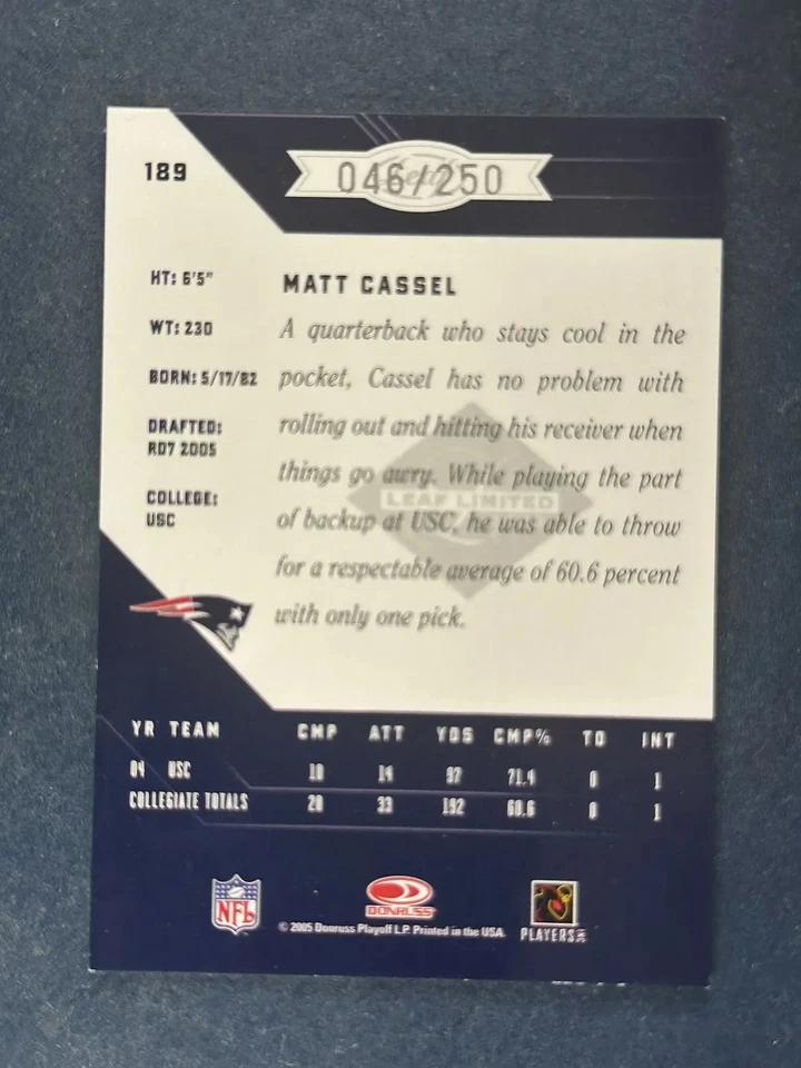 2005 Leaf Limited #189 Matt Cassel New England Patriots /250 RC - Image 2 of 2