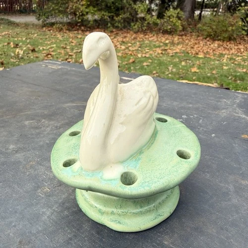 RARE #57 Haeger Pottery Swan Flower Frog Gloss White & Matte Geranium Leaf Green