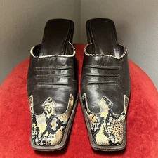 Women’s Jonathan Martin Mules Brown/ Snake Print Leather Made in Spain Size 7.5 