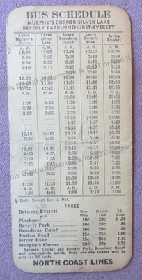 1943 North Coast Lines Bus Schedule Fares Everett WA Pinehurst Beverly Park +