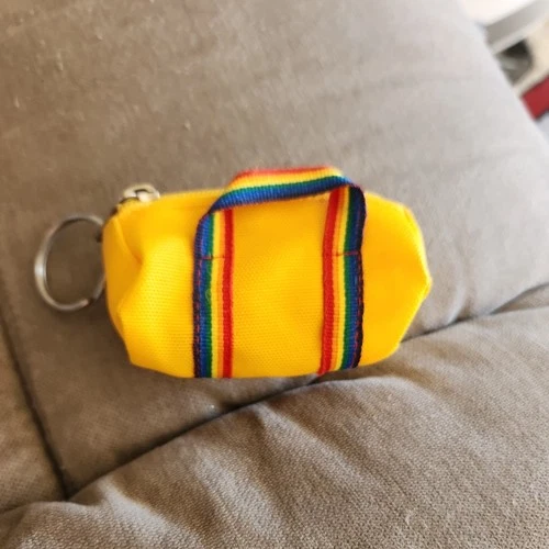 Vintage 1980s RAINBOW MINI DUFFLE BAG & key chain keychain 3"-TAN YELLOW