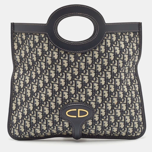 Pochette rabattable Dior bleu marine oblique toile et cuir
