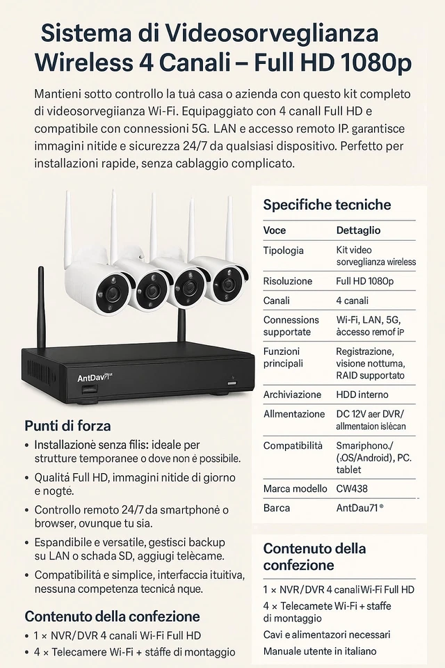 Kit Videosorveglianza Wi-Fi 4 Canali Full HD NVR/DVR 5G LAN Remoto IP antifurto - Immagine 3 di 4
