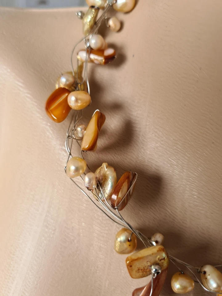 Perlmutt Zuchtperlen Kette Collier geflochten mehrsträngig beige braun 7158 - Bild 2 von 4