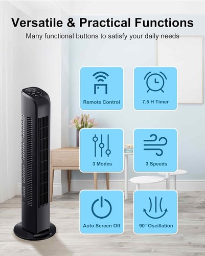 Oscillating Tower Fan w/Remote Electric Standing Tower Fan Floor Fan for Bedroom - Picture 4 of 8
