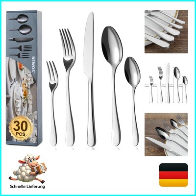 Cutlery Set for 6 People, 30-Piece Cutlery Set Including Knife, Fork, Spoon, ...