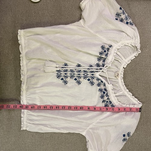 Lucky Brand Women’s Peasant Top Embroidered Tassels White Blue Gathered M - Picture 7 of 10