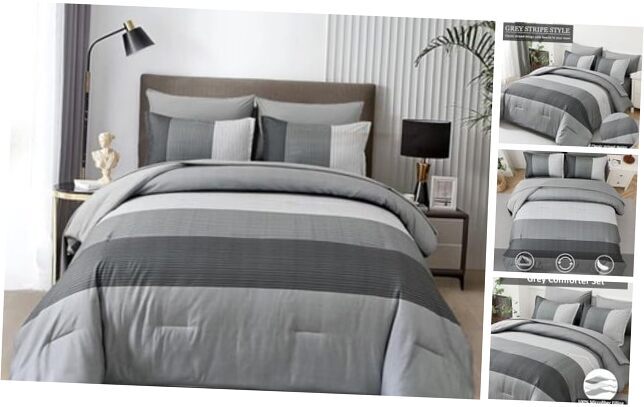 Comforter Set Reversible Striped Patchwork Down Alternative Queen Grey