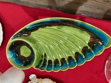California Pottery Wing Chip Dip Green Blue Red Drip Glaze R-134 MCM Vintage