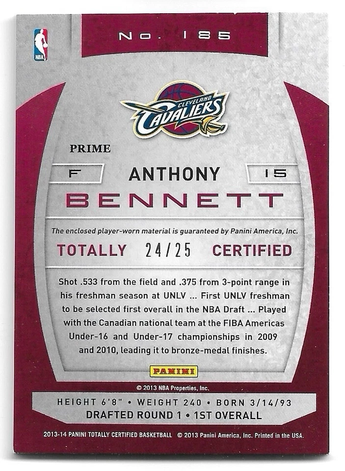 Anthony Bennett /25 2013-14 Panini Totally Certified Red Rookie Patch #185 - Image 2 of 2