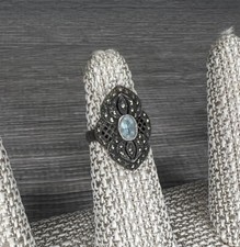 Vintage Sterling Silver 925, Marcasite And Blue Glass Ring 6.5