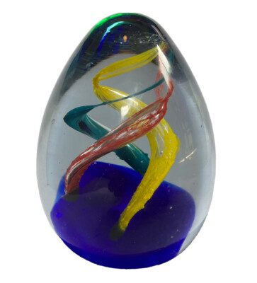 Triple Helix Blown Glass Egg Shaped Paperweight Red Blue Yellow Spiral