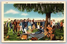 Texas~Surrender Of Santa Anna 1836 Scene~Militia~Cannon~Linen 1940s Postcard