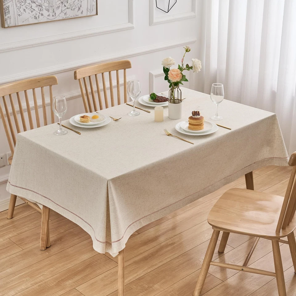 Christmas Natural Flax Linen Tablecloth – Undyed Square Hemstitch Table Cover... - Image 3 of 4