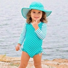 Ruffle Butts Aqua Polka Dot Rash Guard 1 Piece Swimsuit Babies 3-6M