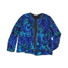 Lawrence Kazar Vintage Silk Beaded Sequin Jacket Blue Green Abstract Womens L