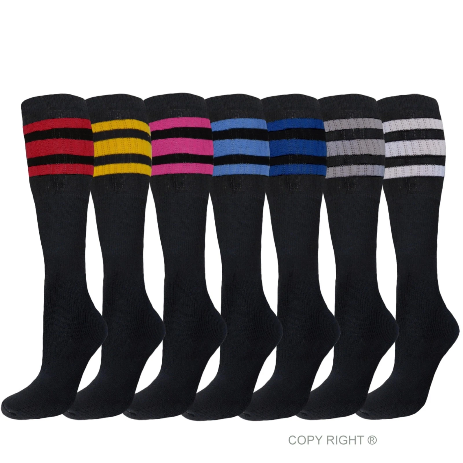8 Pairs Black Tube Socks Striped 22 Inches Long Cheerleader Cotton Socks