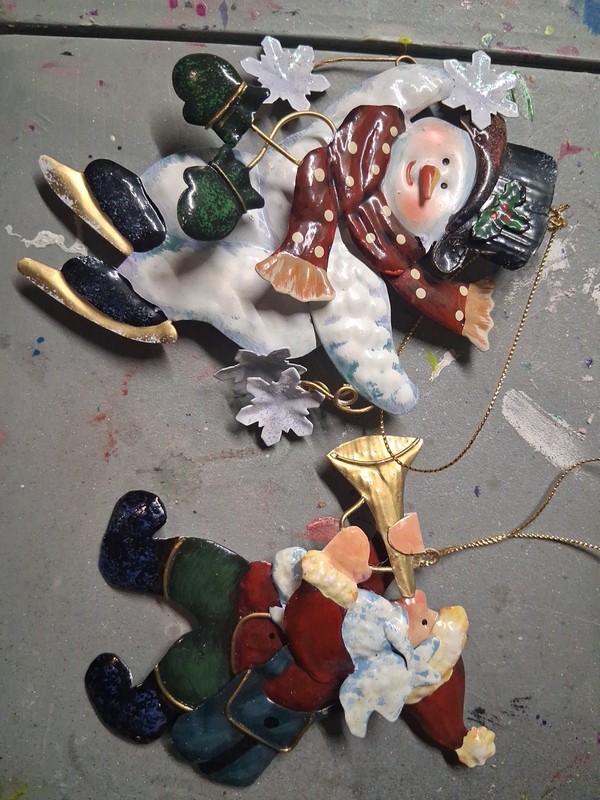 2 Vintage Metal Christmas Ornaments Santa and Snowman Kurt S Adler and Unmarked