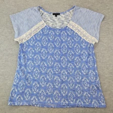 Signature Studio Blouse Shirt Blue Striped Print Embroidered Boho Womens Size 1X