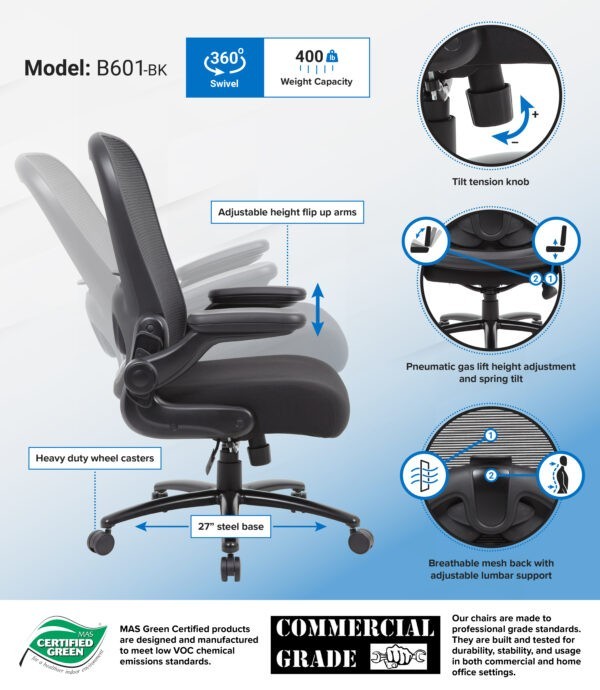 BOSS Heavy Duty Flip Arm Mesh Task Chair &ndash; 400 lb Big & Tall Office Chair