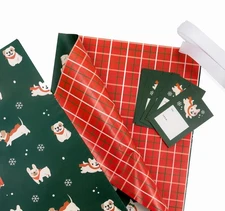 Double Sided Christmas Wrapping Paper 1 Roll Red Plaid Dog Frenchie Ribbon Tag