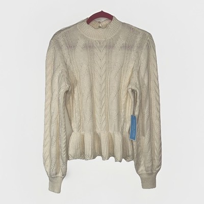 Draper James Sz S Peplum Pullover Sweater Cream Cable Knit Ruffled Romantic