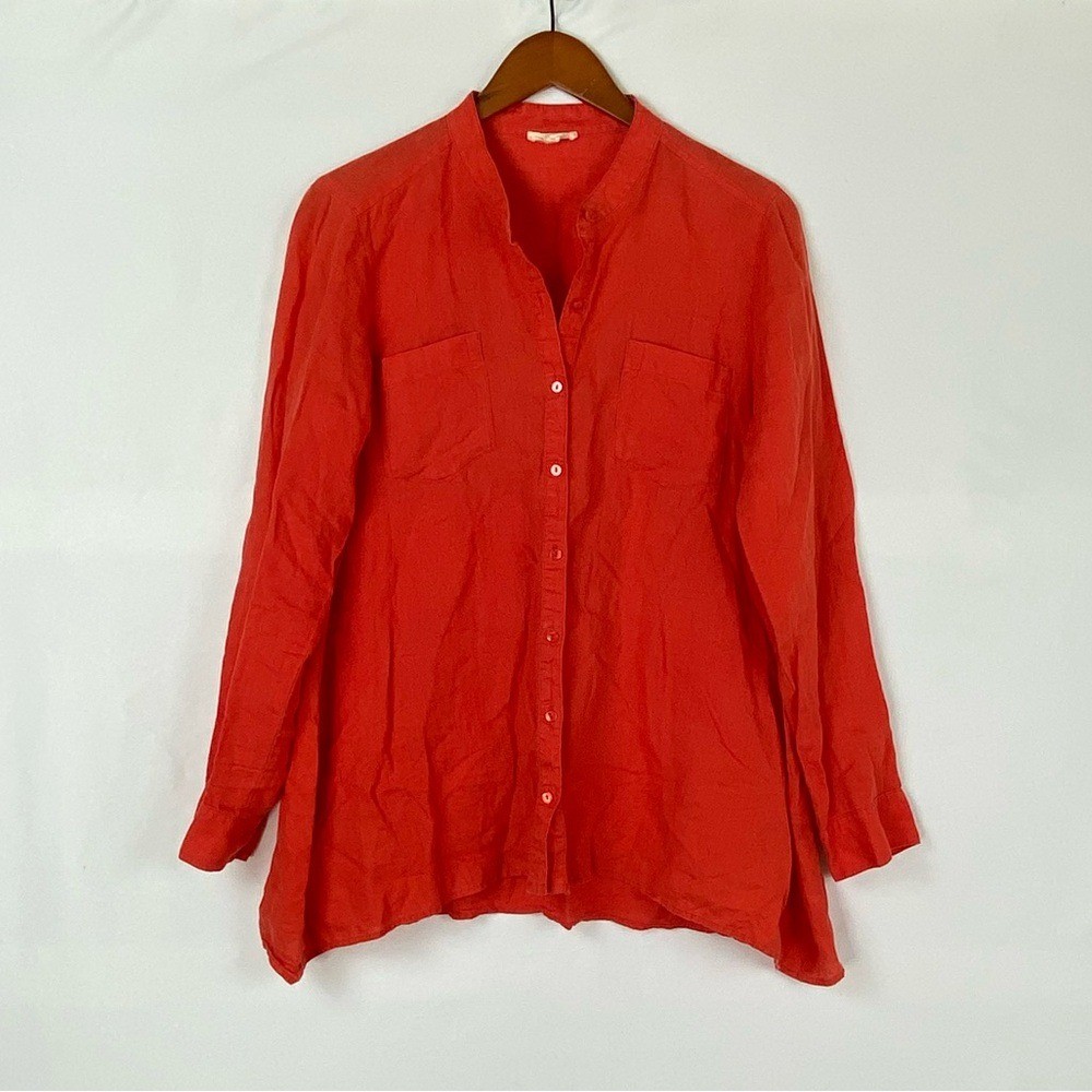 Eileen Fisher 100% Organic Irish Linen Long Sleeve Pocket Button Up Blouse Sz S