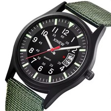 Mens Field Watch Tactical Military Quartz Date Green Nylon Strap Luminous 40MM