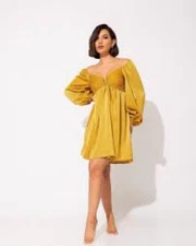 Mustard Seed Empire Waist Whimsygoth Coquette Babydoll Mini Dress Yellow Large