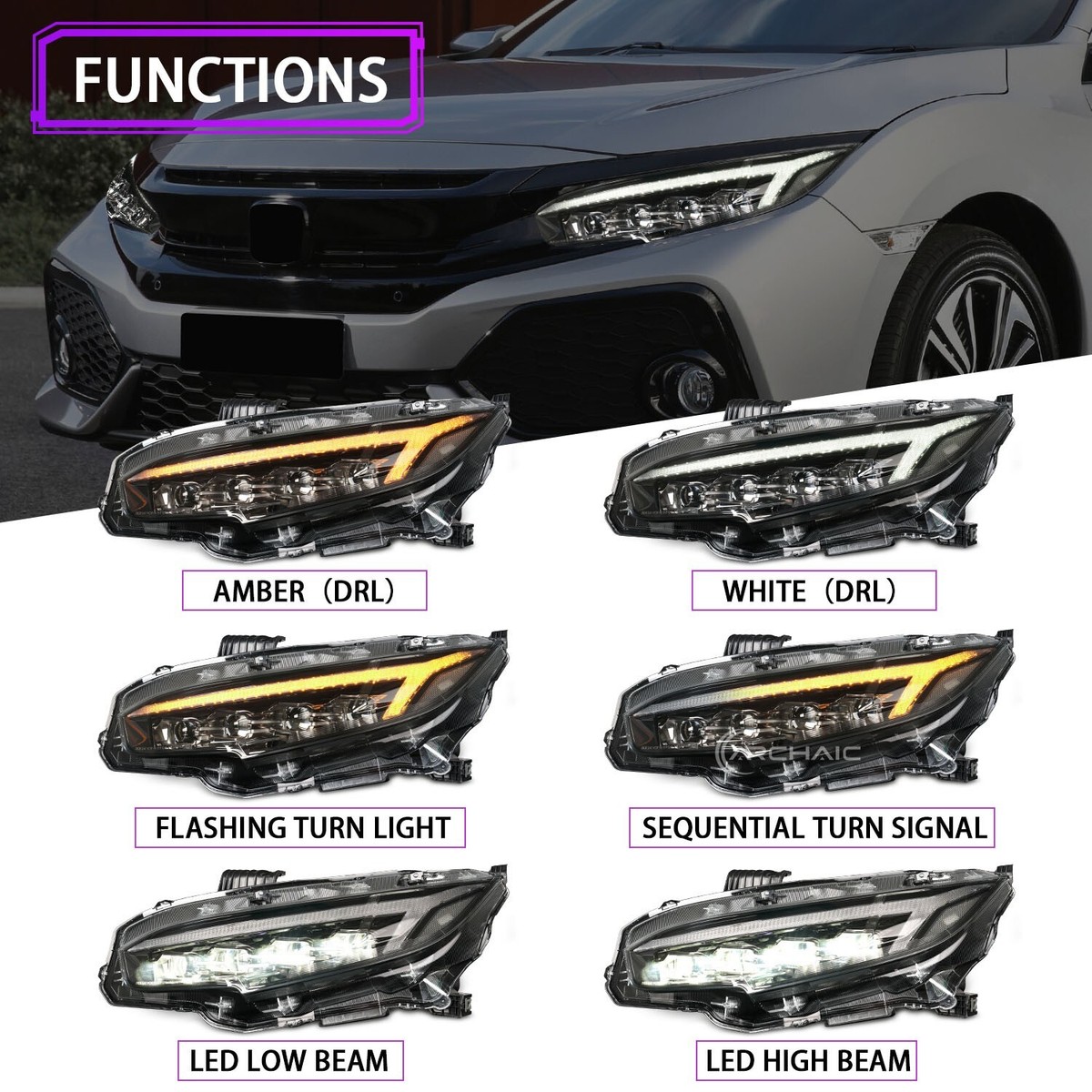 Tri-LED Projector LED Dynamic Headlights for 16-21 Honda Civic FK7