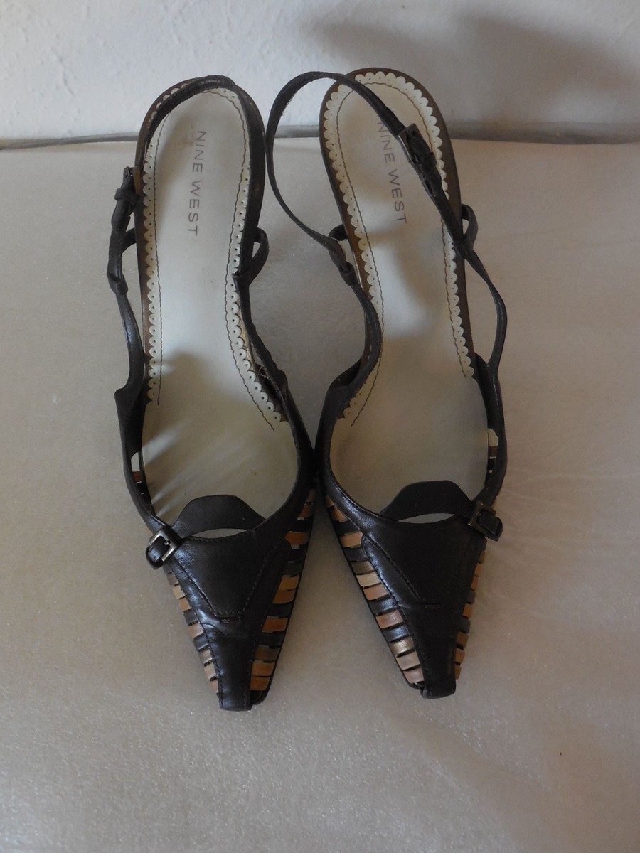 Sz.8.5 NINE WEST Leather Sling Back Heel Sandal Brown
