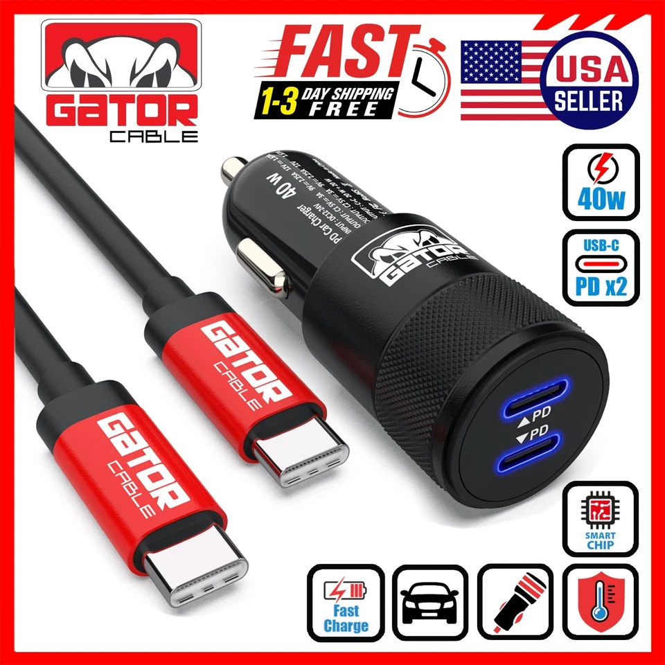 USB C To USB C Cable PD 40W Dual Type C Car Charger Adapter For Samsung iPhone - Image 2 of 4