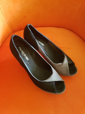 Damenschuhe, Peeptoes,  FRANCO RUSSO, grau-schwarzes Leder, Absatzhöhe 10 cm 