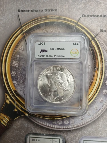 Silver 1923 Peace  Dollar ICG-MS64 Austin Hutto President   TP-9324